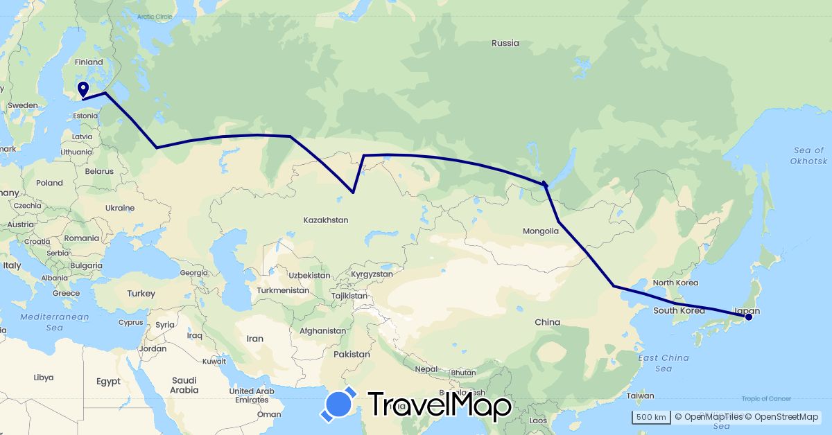 TravelMap itinerary: driving in China, Finland, Japan, South Korea, Kazakhstan, Mongolia, Russia (Asia, Europe)